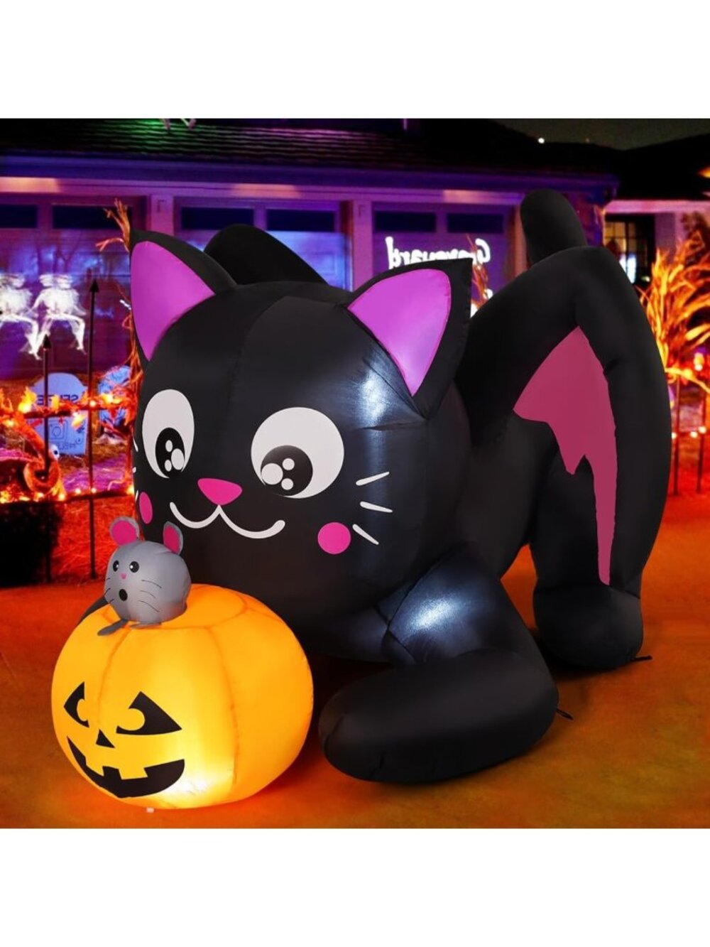 5FT Halloween Inflatable Cat & Pumpkin Yard Decor with LED Lights for Parties